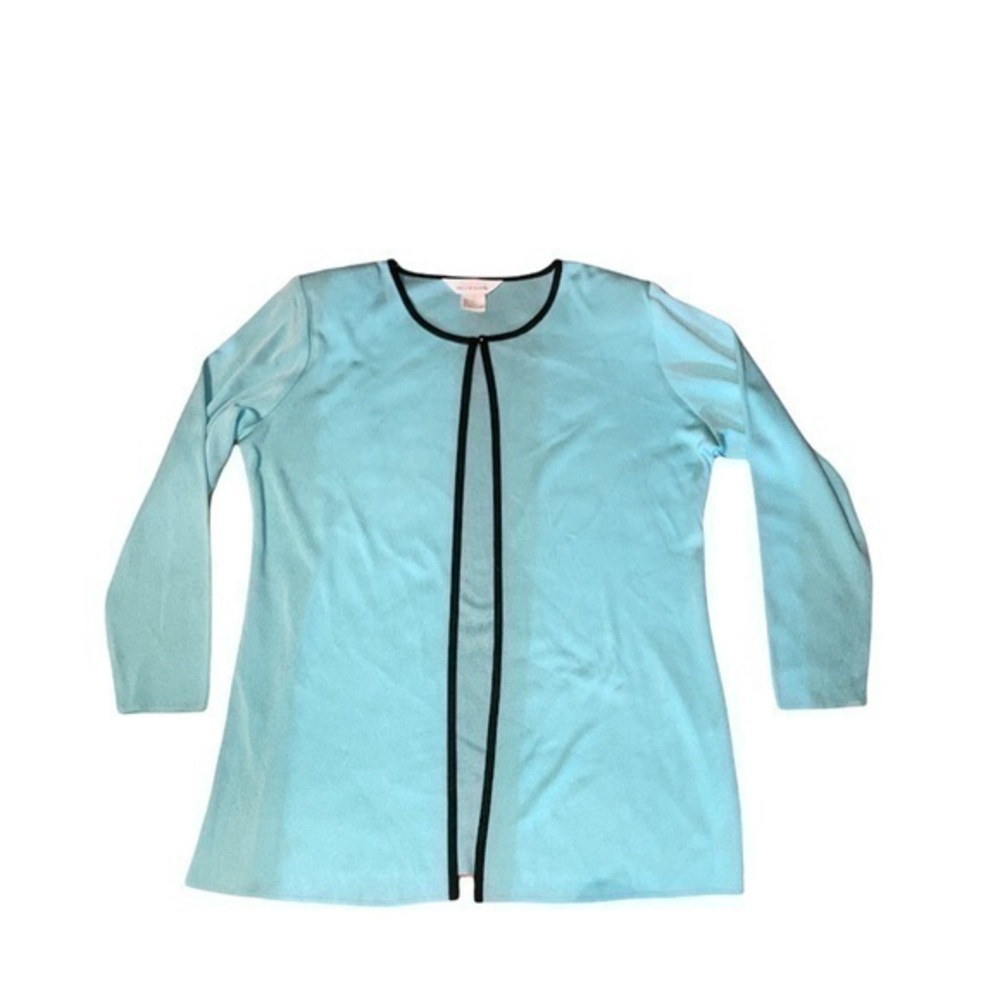Misook teal blue green open front cardigan